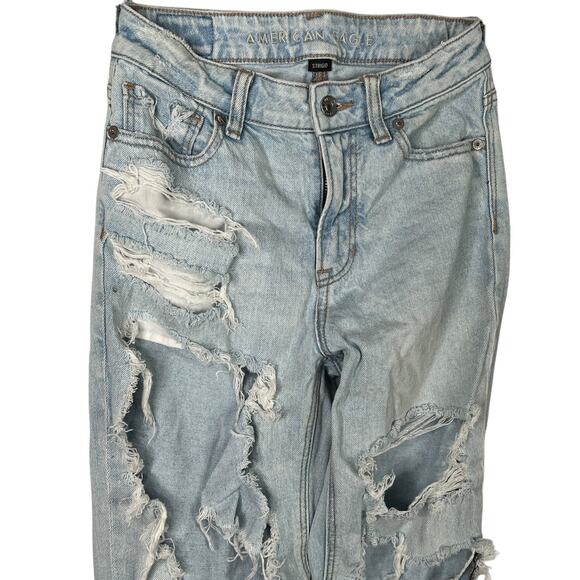 American Eagle AE Mom Jean Destroyed Ripped Denim Tapered Mid Rise Light Wash 00 - Picture 3 of 9